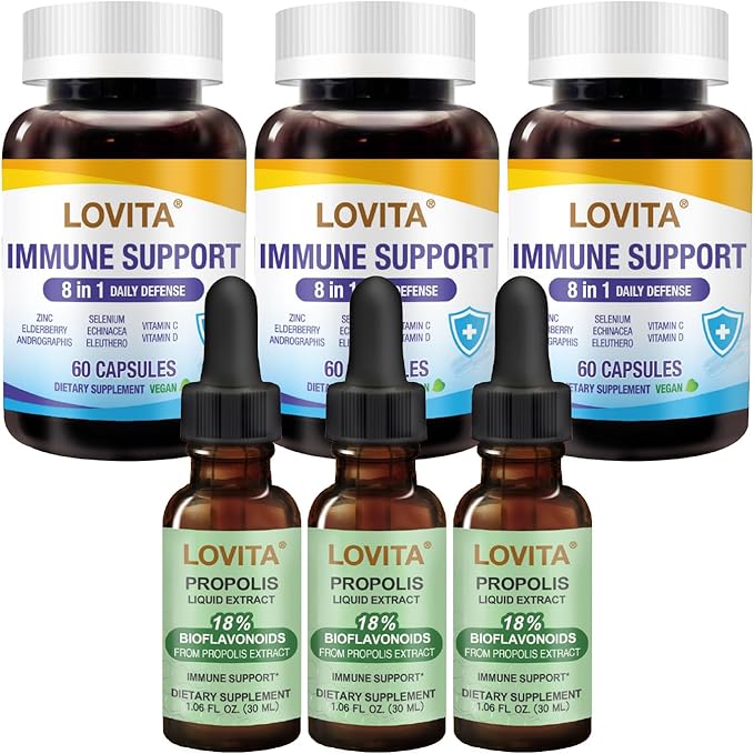 LOVITA Family Immune Bundle - 3 Propolis Drops &amp 3 Immune 8-in-1 Capsules Daily Defense Value Pack (6 Pc)
