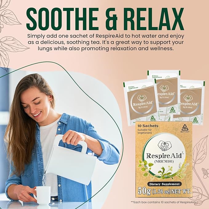 Sun Ten RespireAid™ All-Natural Lung Cleanse &amp Detox. Contains Natural Herbal Properties to Support Healthy Lung Function &amp Breathing. 50g (10 sachets) 5g per Sachet