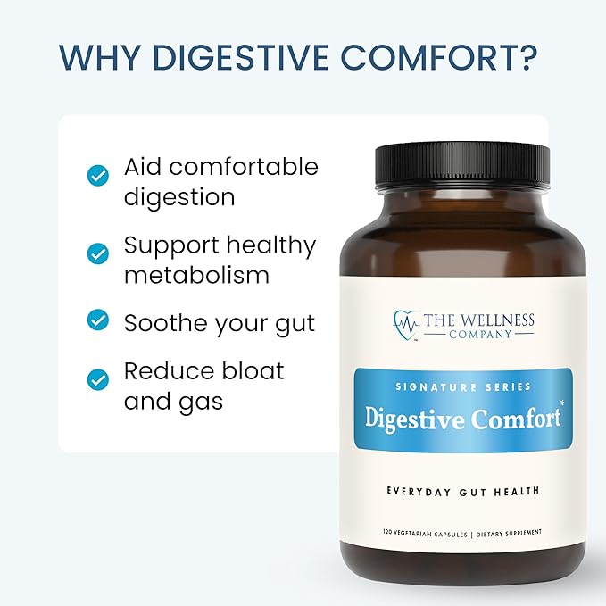 The Wellness Company Digestive Comfort - Bloat &amp Gas Relief Anti-Heart Burn IBS Fast Acting Gut Health - 5 Enzymes Peppermint &amp Ginger Root | 60ct (1 Month Supply)