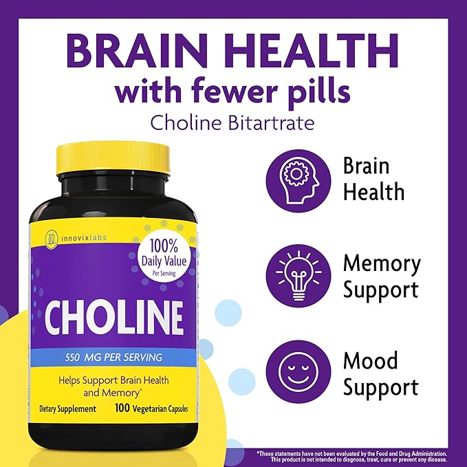 InnovixLabs Choline &amp Vitamin K2 Bundle Choline Bitartrate 550mg (100 Capsules) Full Spectrum Vitamin K2 (90 Softgels). Supports Memory Mood Brain Health &amp Boost Cognitive.*