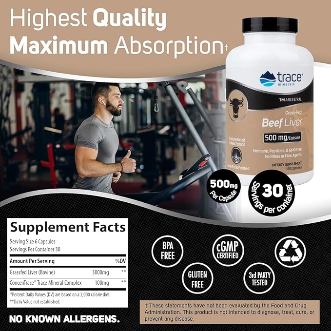 Trace Minerals Beef Liver - Beef Liver Supplement for Overall Body Health - Bone Energy Immune &amp Organ Support - Healthy Hair &amp Skin - Natural Superfood - Gluten-Free - 180 Count (30 Serving