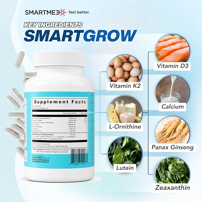 SmartGrow Premium Growth Formula for Teens – Bone Brain Sleep &amp Eye Support – Calcium Vitamin D3 Amino Acids – Daily Wellness Supplement (180 Capsules) – 3 Month Supply