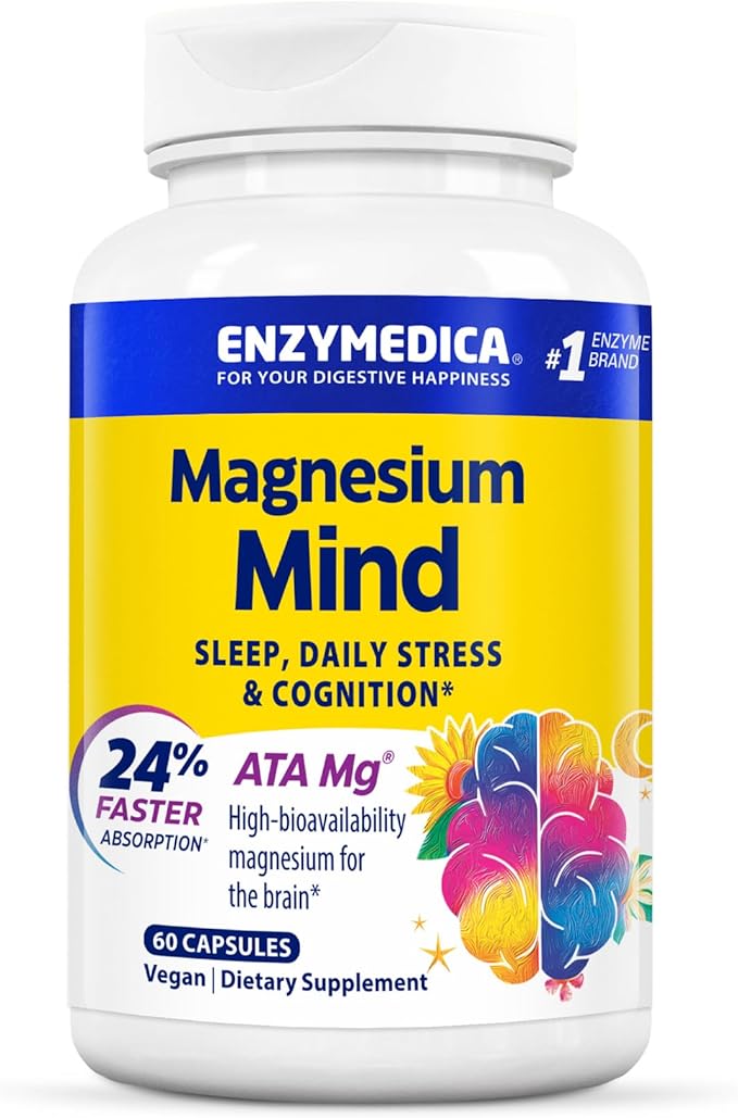 Enzymedica Magnesium Mind Supplement for Women &amp Men - Sleep Stress &amp Cognition Support ATA Mg 24% Faster Absorption High Bioavailability Magnesium Capsules for Brain Vegan Gluten Free -