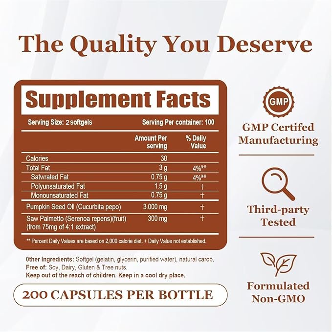 Nutra essence Pumpkin Seed Oil with Saw Palmetto200 Softgels | Cold Pressed Pure Virgin Oil Essential Fatty Acids &amp Phytosterols | Supports Hair Urinary Bladder &amp Prostate Health | Non-GM