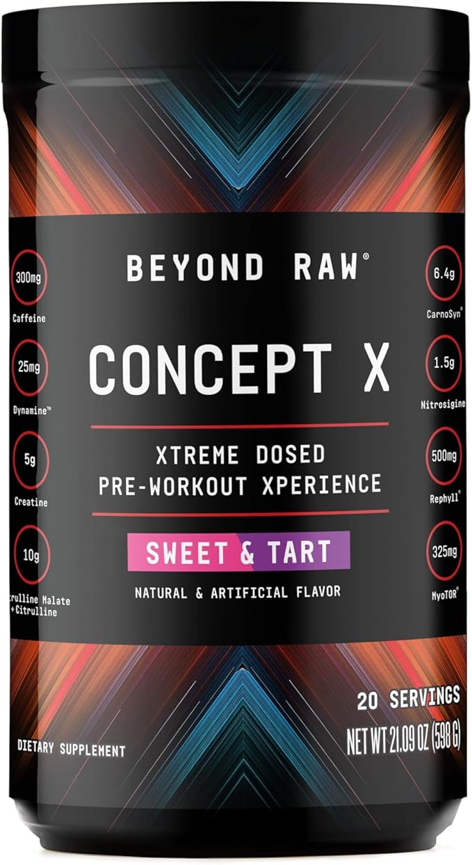 BEYOND RAW Concept X Clinically Dosed Pre-Workout Powder Contains Caffeine L-Citrulline Creatine and Beta-Alanine Sweet &amp Tart Flavor 20 Servings