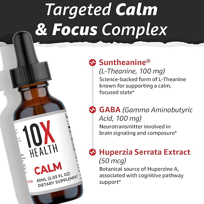 10X Health Calm L Theanine Supplement Liquid Drops - 100mg L'Theanine Drops &amp 100mg GABA Supplements to Support Nerves Calm &amp Stress - Natural Flavor 2.03 Fl oz.