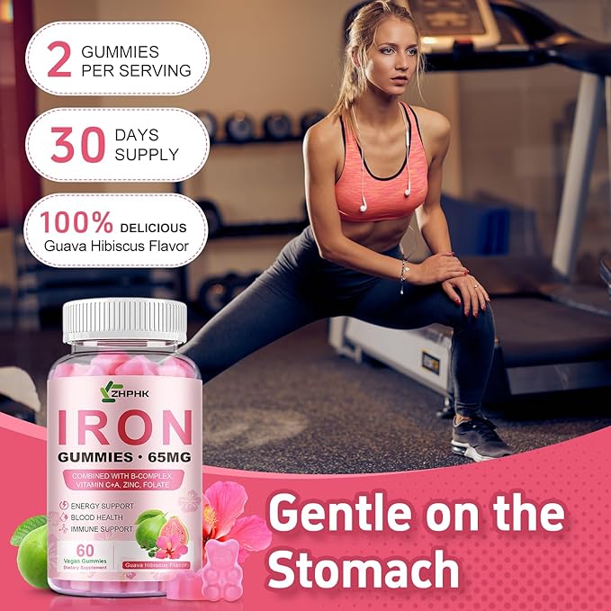 Iron Gummies for Women Men Vitamin Supplement 65mg &amp Vitamin C 250mg Per Serving with B6 B12 Folate- Energy Support for Iron Deficiency Anemia Vegan Guava Hibiscus Flavor 120 Count