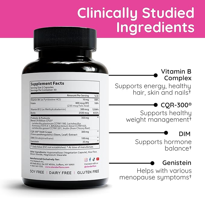 SlenderFlora - Menopause Probiotic Supplement | Weight Management Hot Flashes Night Sweats Bloating | 70 Billion CFU | Gluten Soy &amp Dairy Free | 60 Ct Pack of 2