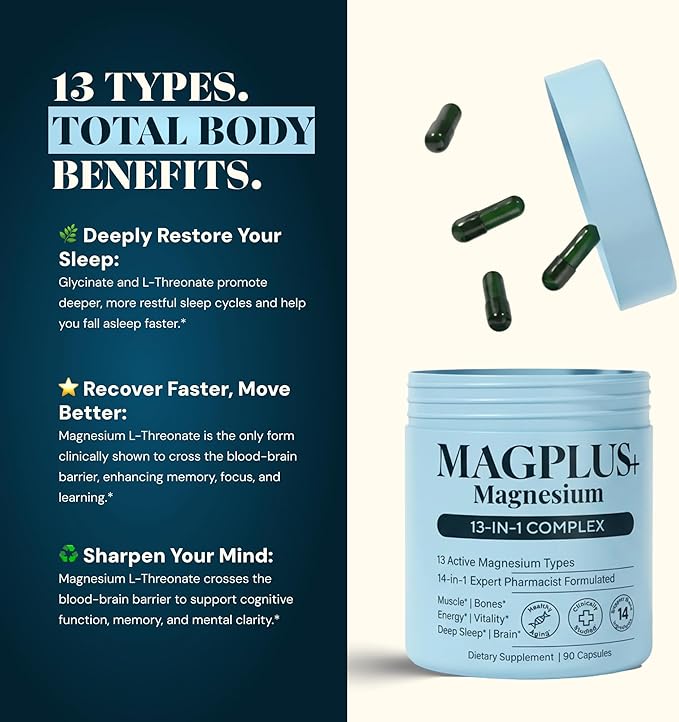 Magnesium Glycinate Complex Supplement 900mg – 13-in-1 Magnesium L-Threonate Citrate Taurate &amp Malate for Women &amp Men – Liposomal Chelated Formula – Sleep Muscle &amp Brain Support – 90 C