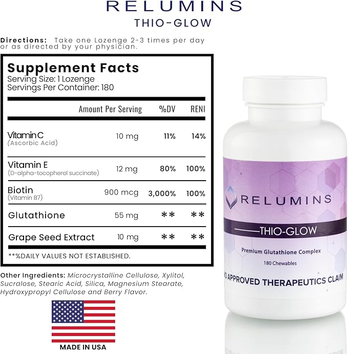 Relumins Labs Thio-Glow Chewable Sublingual Glutathione Complex with Biotin VIT C &amp E Plus Grapeseed Polyphemols – 330mg Gluta Per Serving – 4X More Effective Than Liposomal Spring Glow Essentia