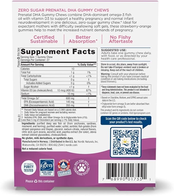 Nordic Naturals Zero Sugar DHA Prenatal Vitamin Gummies Strawberry Orange Flavor - 27 Gummies - Supplements for Pregnancy - 600 mg Omega-3 Fish Oil and 400 IU Vitamin D3-27 Servings