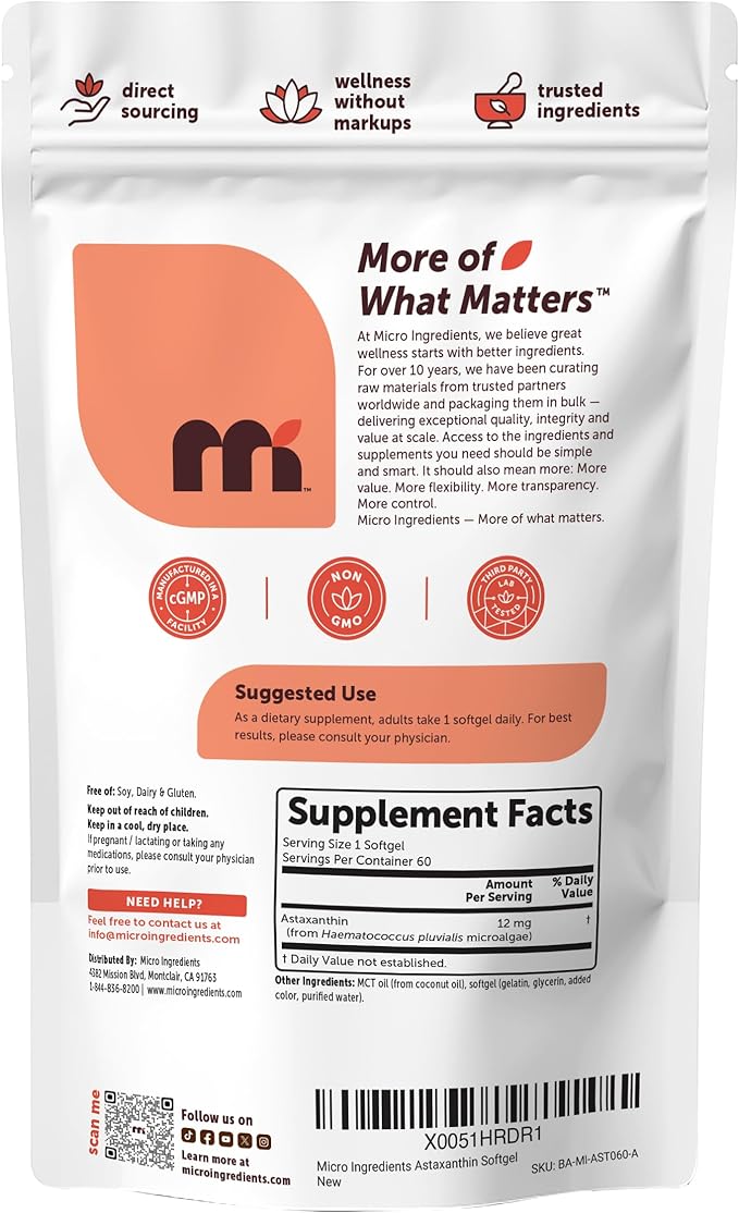 Micro Ingredients Astaxanthin 12mg with MCT Oil 60 Softgels | Fresh Microalgae Source | Triple Strength Easy to Swallow Non-GMO Gluten Free Soy Free
