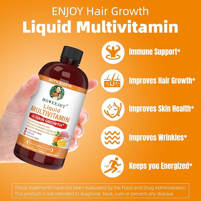 Liquid Multivitamin for Hair Growth | Biotin 10000mcg | Hair &amp Skin Support Supplement | Clinically Tested for Thicker Hair &amp Skin Elasticity | Suitable for Women &amp Men Ages 18+ | 15.22 F