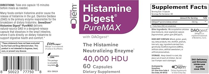 Omne Diem Histamine Digest PureMAX with DAO - Diamine Oxidase Supplement for Food Related Histamine Intolerance (60)