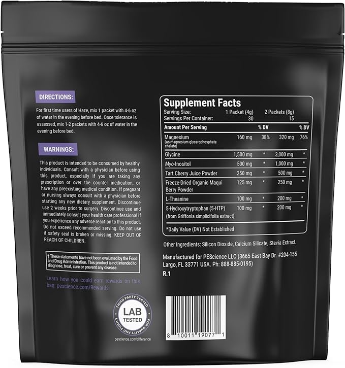 PEscience Haze Sleep Powder Melatonin-Free Unflavored Sleep Support with 5-HTP Theanine myo-Inositol and Magnesium 30 Servings