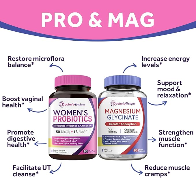 Doctor's Recipes Probiotics and Magnesium Glycinate Bundle - Optimum Gut Health &amp Muscle Function Support for Men &amp Women