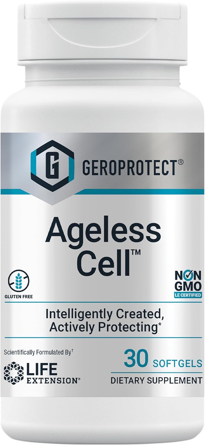 Life Extension GEROPROTECT® Ageless Cell™ Cellular Health Healthy Aging Vitamin E N-Acetyl-L-cysteine Green Tea Extract myricetin Gluten Free Non-GMO 30 softgels