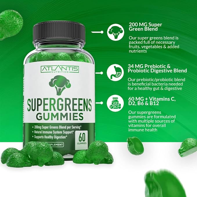 Atlantis Nutrition Sugar Free Prebiotic Fiber Gummies for Adults 2-Pack (120 Gummies) + Supergreens 60 Gummies
