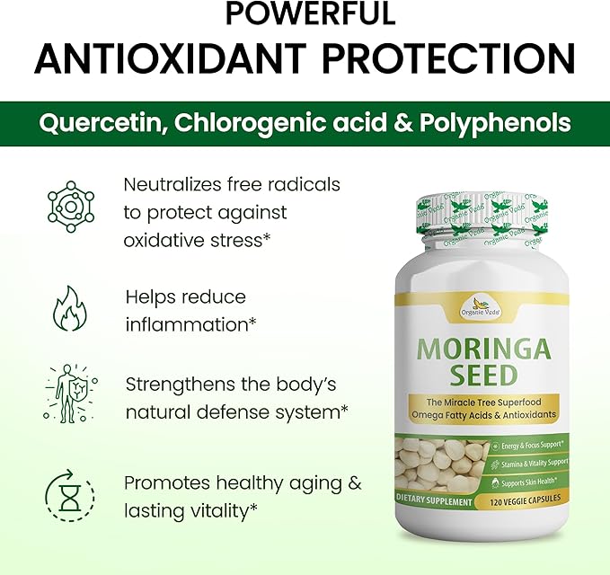 Organic Veda Moringa Seed Capsules - Omega 3 6 9 Antioxidants Vitamins Amino Protein Rich Organic Moringa Capsule - The Miracle Tree Vitality Energy &amp Focus Supplement for Men &amp Women 1