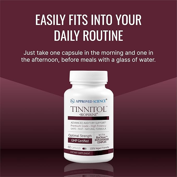 Approved Science Tinnitol - Tinnitus Support Supplement - Ease Ringing in The Ears - Boost Inner Ear Health - 60 Capsules - Made in The USA