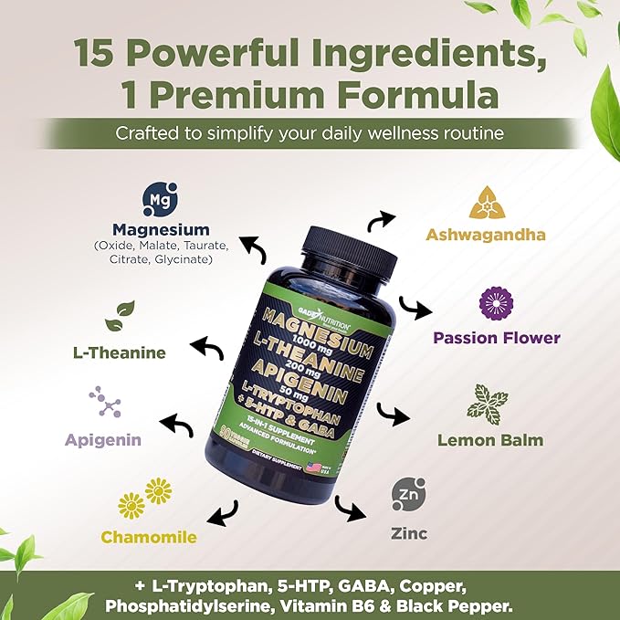 Gade Nutrition Magnesium Glycinate &amp Magneisum Supplements with Apigenin L Theanine 200 mg 5 HTP GABA Calm Brain Booster Supplement Sleep Aid Ashwagandha L Tryptophan Chamomile