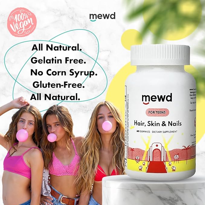 MEWD Teen and Kids Hair Skin &amp Nails Support Multivitamin Gummies - Biotin Strength &amp Growth with Zinc Vitamins A D3 B1 B2 B6 &amp B12 - Gluten-Free Non-GMO for Girls &amp Boys - 60 C