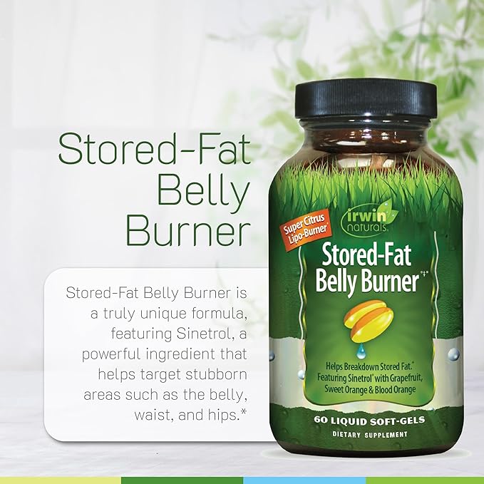 Irwin Naturals Stored-Fat Belly Burner with Sinetrol Grapefruit Sweet Orange &amp Blood Orange - Breakdown Stubborn Fat - 60 Liquid Softgels (Pack of 2)