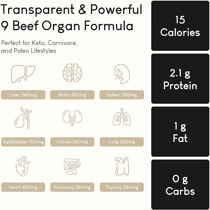 Beef Organ Supplement | 9-Organ Complex from Grass-Fed New Zealand Cattle | Whole-Food Multivitamin Alternative for Energy Digestion Immune &amp Brain Support | 30 Day Supply