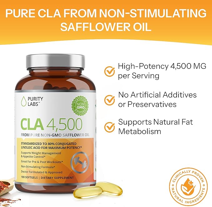 Purity Labs CLA Supplements 4500MG - Non-GMO Safflower Oil - Supports Energy Weight Loss Heart Health and Muscle Health - 180 Soft gels