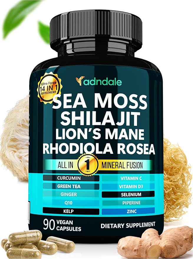 Adndale SeaMoss Shilajit Combo - Sea Moss and Shilajit Bundle with Lion's Mane CoQ10 Rhodiola Rosea Capsules - 90 Count