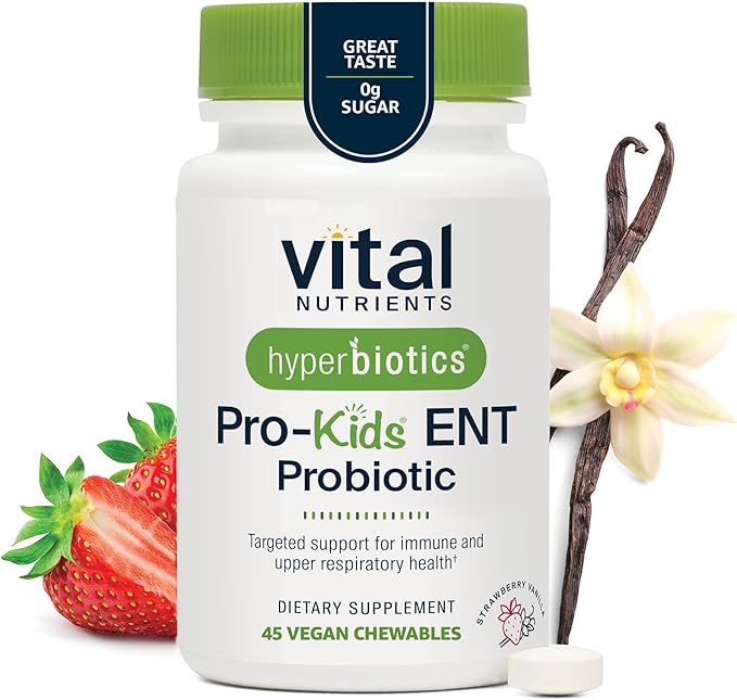 Hyperbiotics Vital Nutrients Pro Kids Probiotic ENT | Toddler Probiotics for Kids Ear Nose and Throat | Targeted Immune and Digestive Health | Strawberry-Vanilla 45 Sugar-Free Chewable Tablets