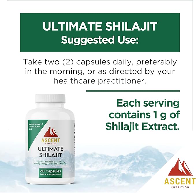 Ascent Nutrition Ultimate Shilajit | Natural Source of Fulvic &amp Humic Acid | Supports Balanced Electrolytes Healthy Energy Levels and Gut Health | 60 Capsules