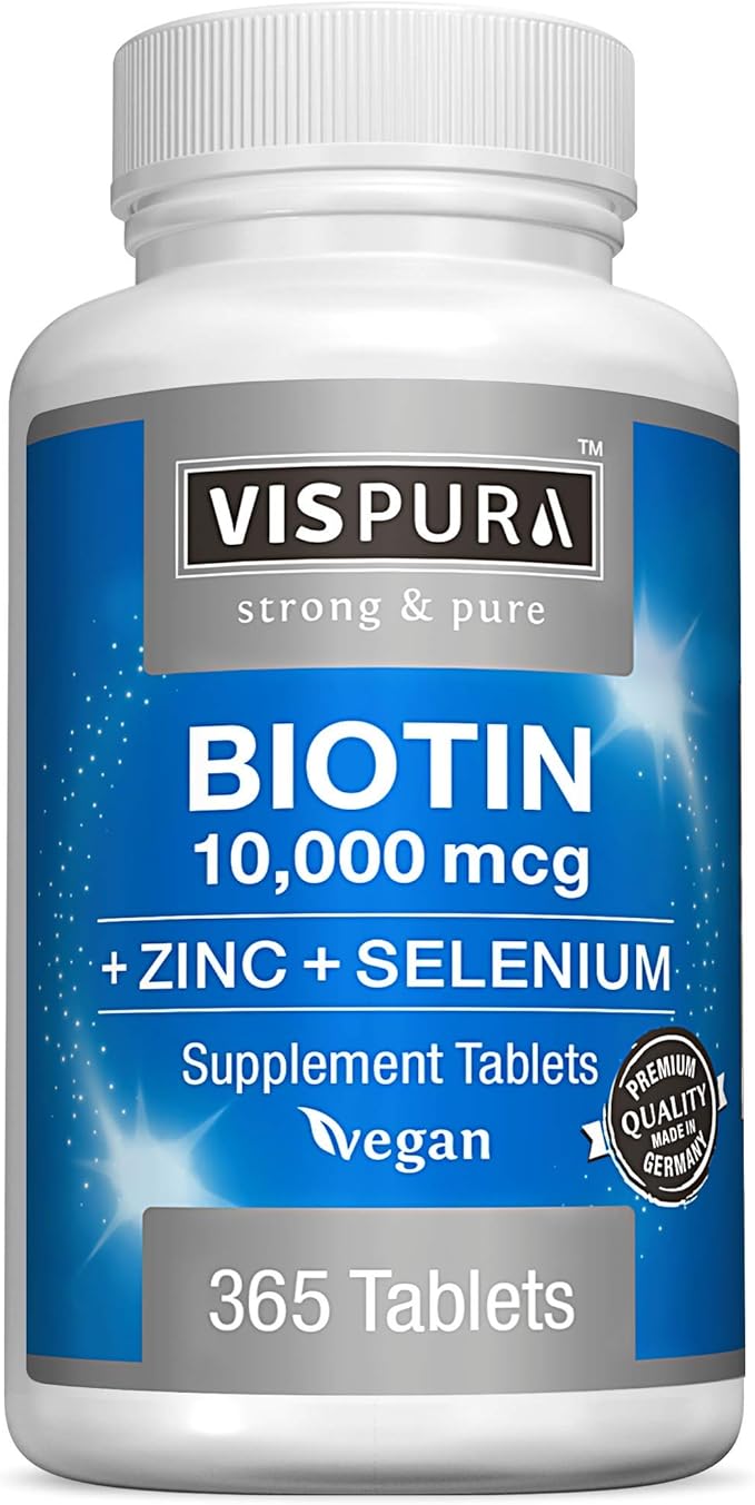 Biotin 10000 mcg + Zinc + Selenium Pure Vegan &amp Extra Strong Best Supplement for Hair Growth Glowing Skin Strong Nails* 365 Tablets for 12 Months Natural Without Additives