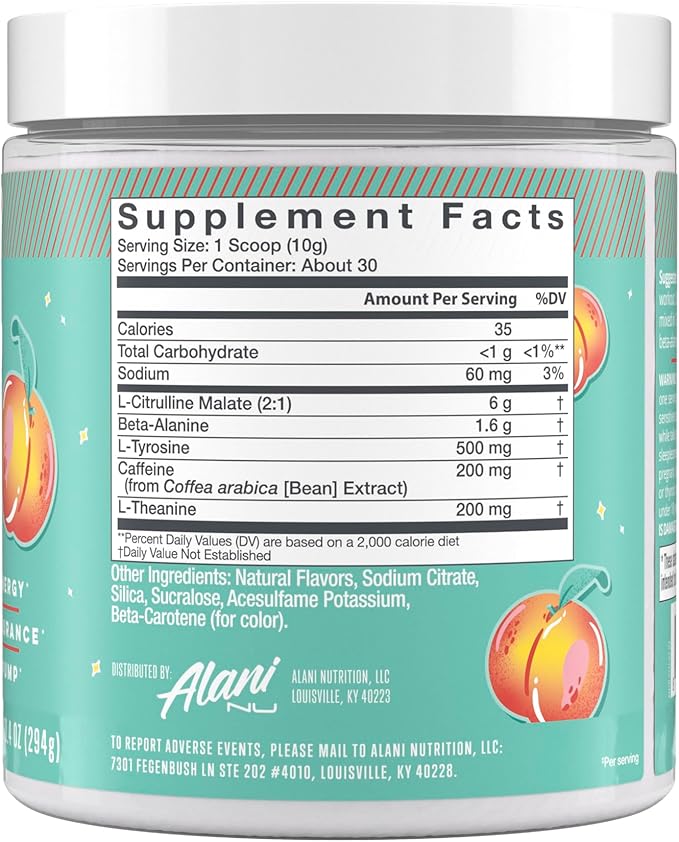 Alani Nu Pre Workout Powder Juicy Peach Amino Energy Boost Endurance Supplement Sugar Free 200mg Caffeine L-Theanine Beta-Alanine Citrulline 30 Servings