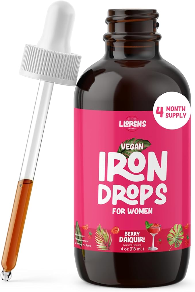 LLORENS PHARMACEUTICAL Iron Supplement for Women Iron Drops Daily Support 20mg of Polysaccharide Complex Free Taste Natural Sweeteners Vegan and Paraben Free (Berry Daiquiri 4 Fl Oz)
