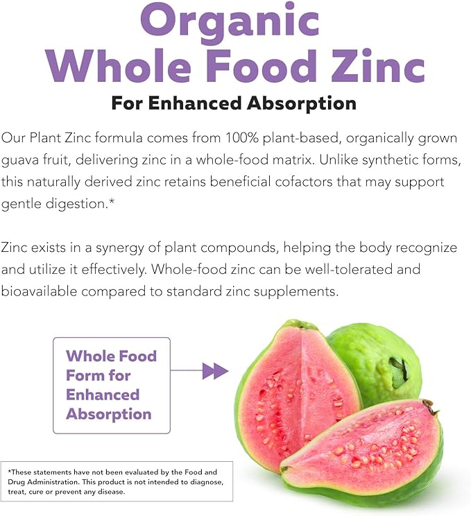 Organic Zinc 25 mg | Whole Food zinc Supplements | Derived from Organic Fruit Elemental Zinc - Water Extracted Vegan GMO-Free - Essential Mineral Antioxidant Immune Support Skin - 60 Servings