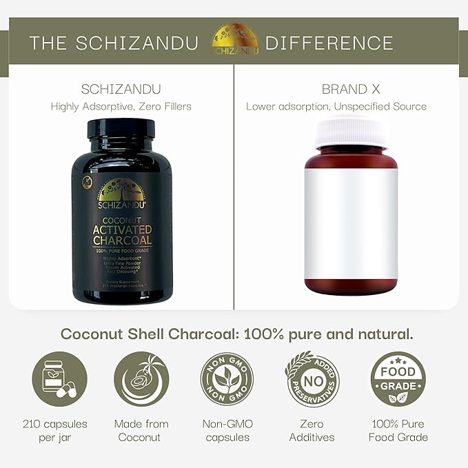 Schizandu Activated Coconut Charcoal Capsules – Vegan Organic Non-GMO No Additives – 210 Count X-Large Bottle