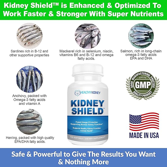 Kidney Shield Omega 3 Fish Oil Supplements - DHA EPA Omega 3 Supplement for Women &amp Men Kidney Health - Omega3 to Support Normal Kidneys Function &amp Cleanse Detox &amp Repair - 120 Lemon Soft