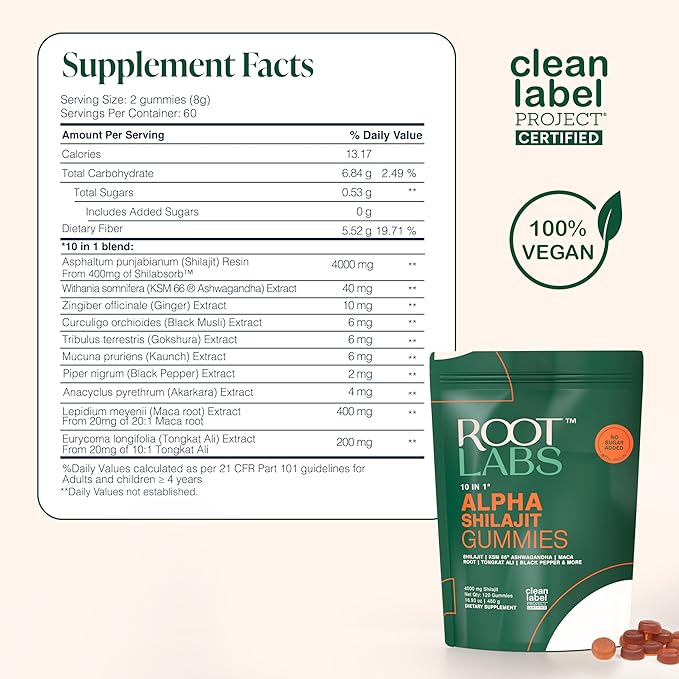 ROOT LABS 10-in-1 Alpha Shilajit Gummies | 4000 mg Pure Himalayan Shilajit with Tongkat Ali &amp Maca Root | for Men &amp Women | ShilAbsorb Bioavailability Tech | Sugar-Free Vegan | 120 Gummies