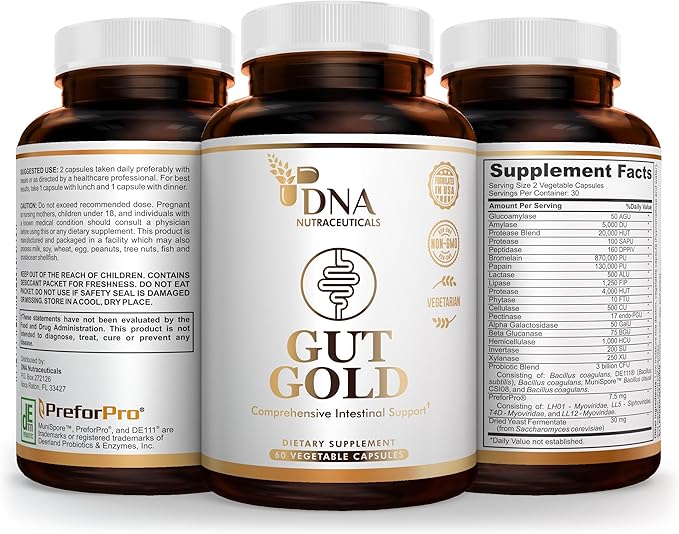 GUT GOLD 5-in-1 Digestive Enzymes Probiotics PreForPro™ Prebiotics Postbiotics Yeast Fermentate &amp Immune Support - For Women's &amp Men's Gut Health - Non-GMO Vegetarian caps. Made in the U