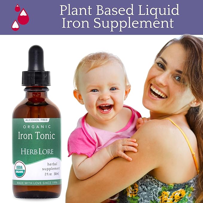 Herb Lore Iron Tonic - Organic Liquid Iron Drops Supplement for Kids &amp Women - Baby Infant &amp Toddler Friendly - Plant Based Vegan Gentle Non Constipating Herbal Tincture (2 fl oz)