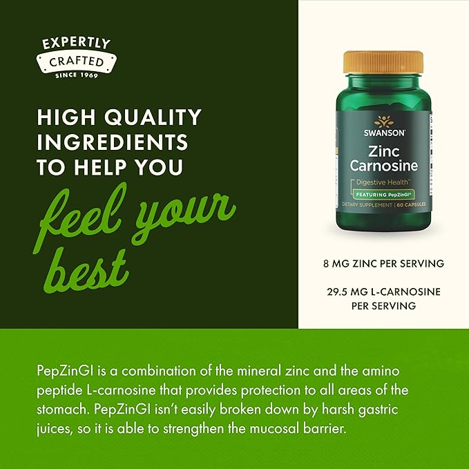 Swanson Zinc Carnosine (PepZinGI) Gastric Health Supplement for Digestive-Sensitive Adults Seeking Stomach Lining Support (60 Capsules)