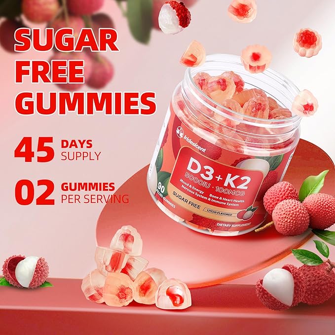 Vitamin D3 K2 Gummies w/Magnesium Sugar Free - 90 Count | D3 Vitamin 5000 IU + K2(MK-7) 100 mcg - Vegan K2 D3 Vitamin Supplement Highly Absorbent Supports Bone Muscle Mood &amp Immune(Lychee Flav