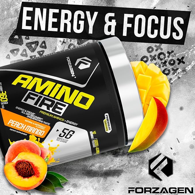 Forzagen Amino Fire | Essential Amino Energy Powder for Pre-Workout | BCAA Energy Boost &amp Muscle Recovery Drink Mix Enhance Focus &amp Concentration Dietary Supplement | Peach Mango 40 Serving