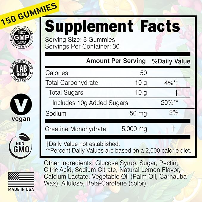 Creatine Monohydrate Gummies Bundle – Strawberry &amp Lemon | 5000mg Sugar-Free Vegan Non-GMO Gluten-Free | Supports Muscle Growth Strength &amp Focus | Made in USA – 270 Total Chews