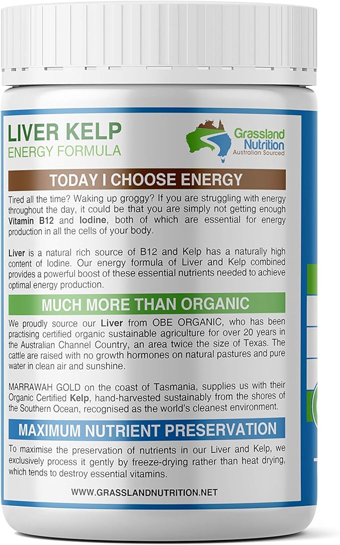 GRASSLAND NUTRITION Grass Fed Beef Liver with Wild Harvested Kelp 100% Organically/Halal Sourced 2-in-1 Energy Formula — Natural B12 Iodine Iron &amp Vitamin A (180 Capsules)
