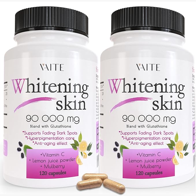 VAITE Glutathione Whitening Pills - Dark Spots &amp Acne Scar Remover - 90000mg - Vegan Skin Bleaching Pills with Anti-Aging &amp Antioxidant Effect - 120 Capsules (2 Pack)