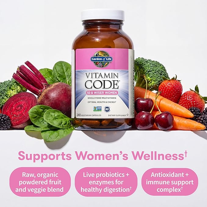 Garden of Life Vitamin Code Multivitamin for Women 50 &amp Over 240 Capsules for Women 50 Plus with B Vitamins Vitamins A C D3 E &amp K CoQ10 Probiotics &amp Enzymes