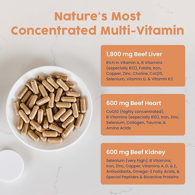 NativePath Grass Fed Beef Organ Complex - Liver Heart Kidney Supplement for Energy &amp Immune Support - New Zealand Sourced 30 Servings
