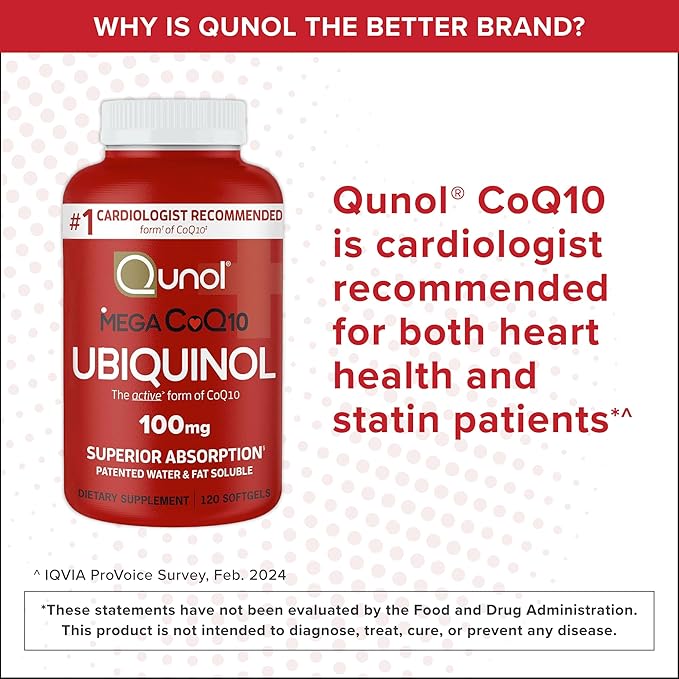 Qunol Mega Ubiquinol 100mg CoQ10 Superior Absorption Patented Water and Fat Soluble Natural Supplement Form of Coenzyme Q10 Antioxidant for Heart Health 100 Count Softgels